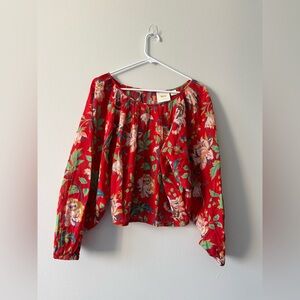 Maeve Lake House Blouse Top Orange Red Floral Cotton Size XS